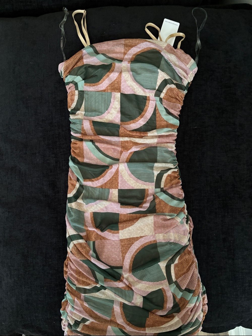 Sleeveless Geometric Print Ruched Mini Dress in Green and Pink